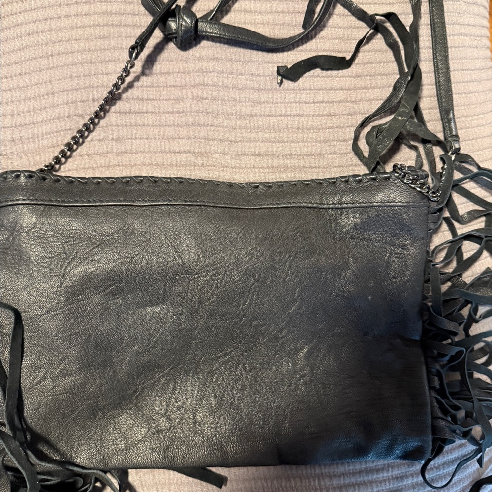 Cleobella Black Leather Crossbody Bag with Fringe